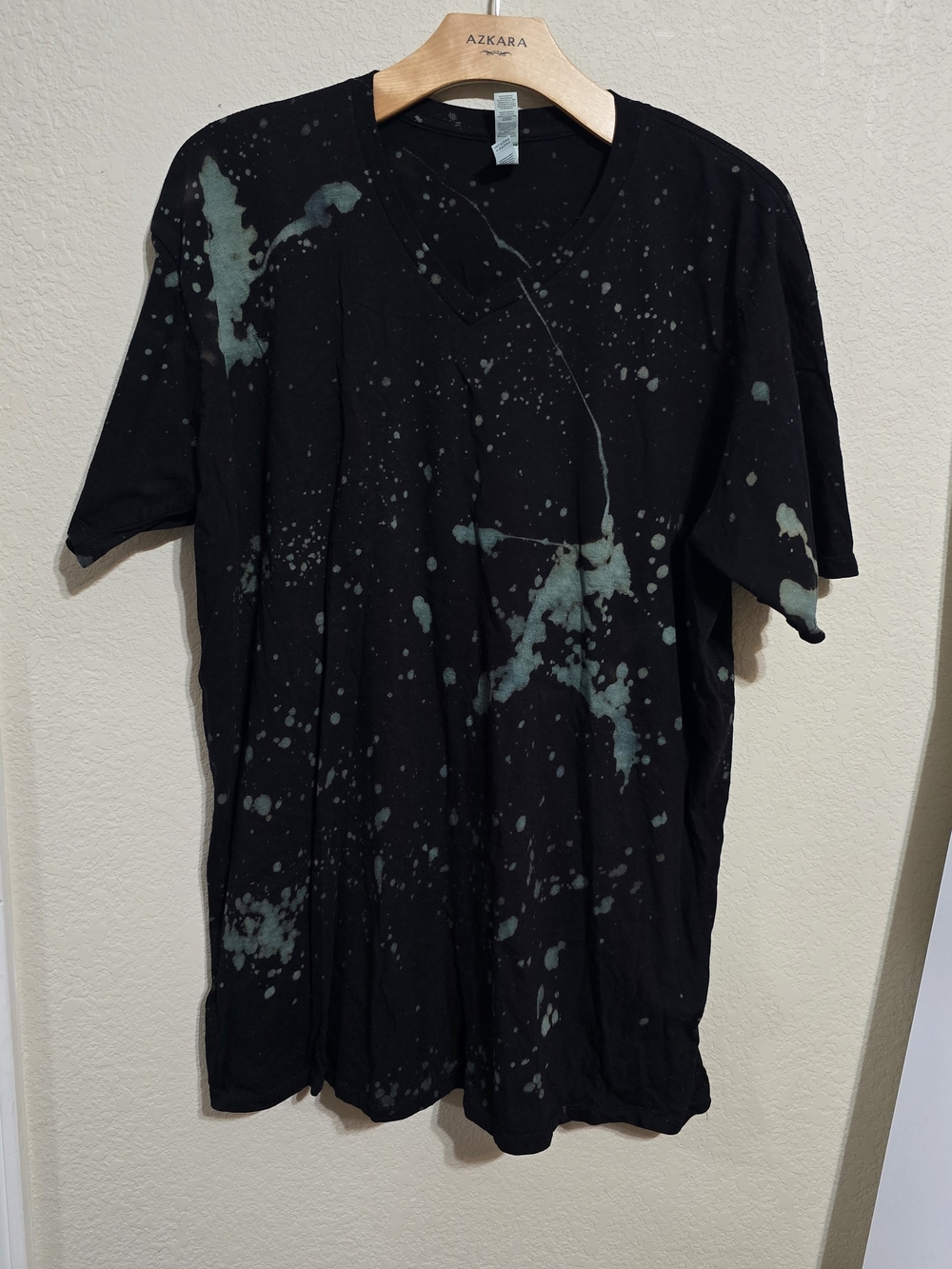 Gildan Black V-Neck Tee with Green Bleach Splatter